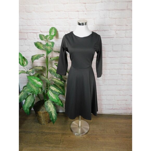 Fashion Mia Black A-Line Dress With 3/4 Sleeves & Back Bow Tie - Large NWT - Picture 1 of 12